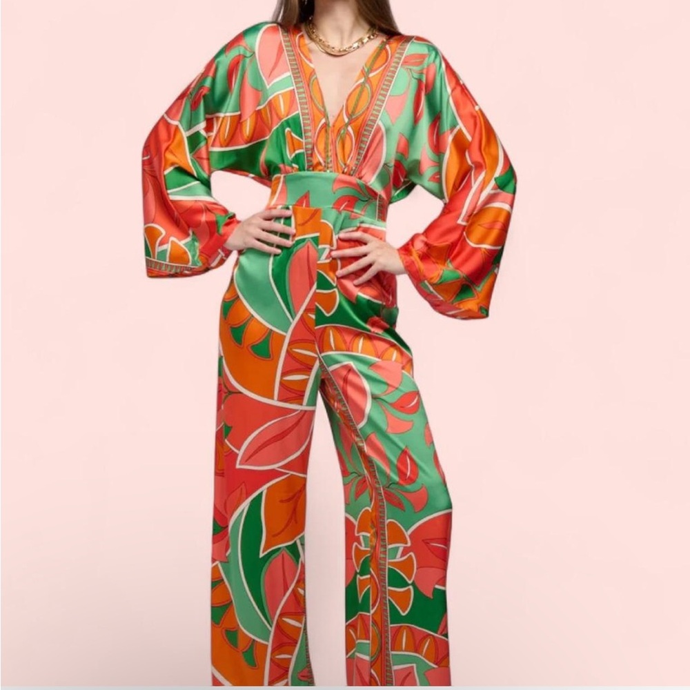 AKIRA Vibrant Green and Orange Patterned Jumpsuit